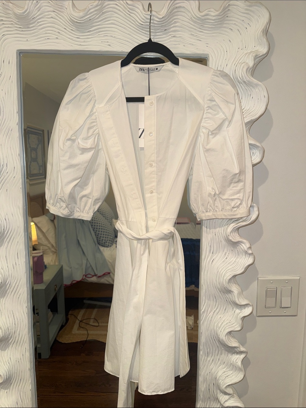 Zara White Puff-Sleeve Button Dress with Waist Tie